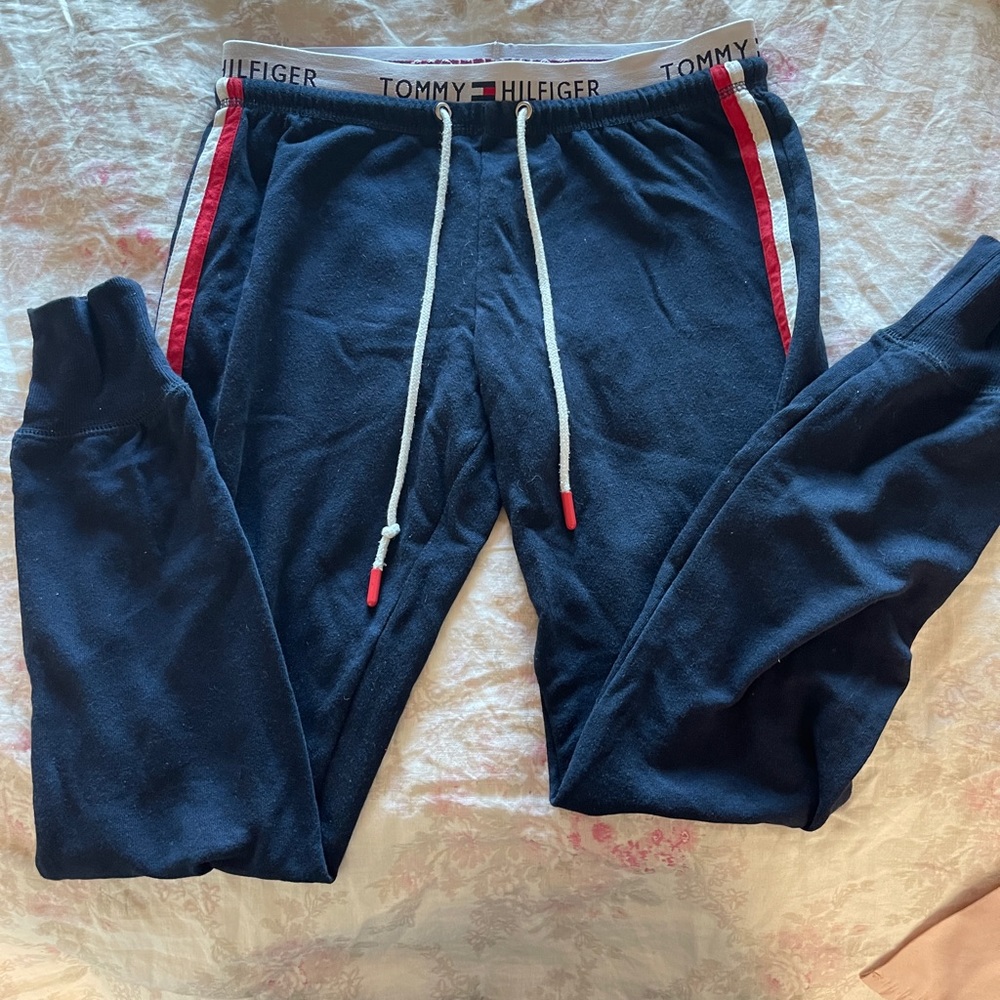 Tommy Hilfiger navy jogger, red white stripe, elastic band drawstring.